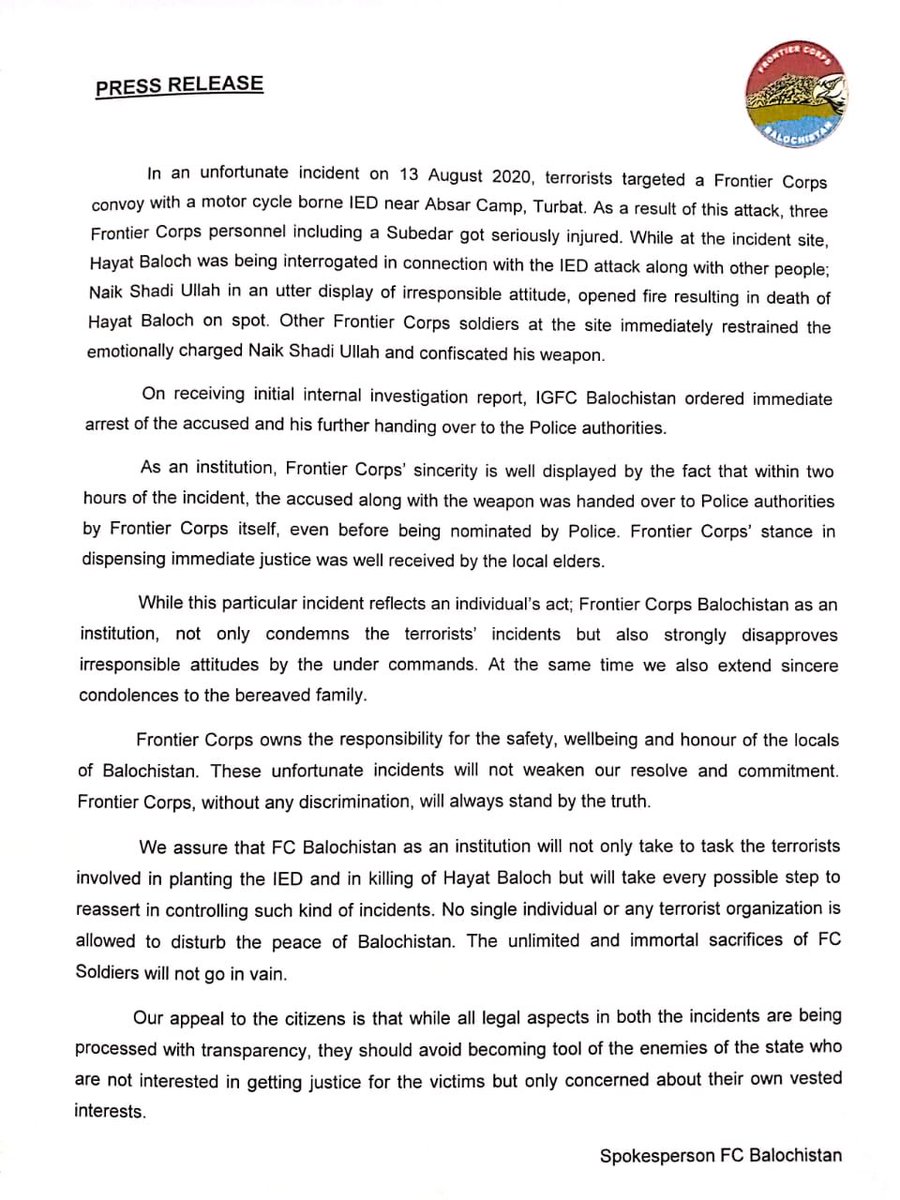 His fellow FC men immediately disarmed him, confiscated his weapon, restrained him & reported his irresponsible actions to superiorsWithin 2 hours IGFC had received an initial investigation report, he was arrested & handed over to Turbat Police long before news went viral./14