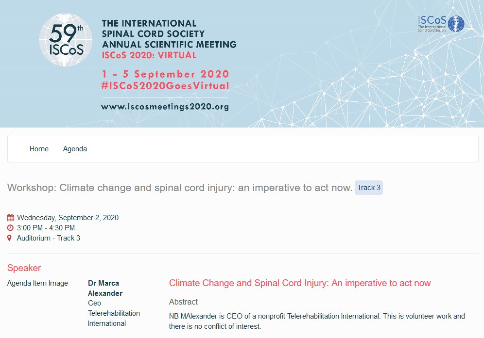 DrDWMcMillan's tweet photo. Really excited for Marca's "Climate Change and Spinal Cord Injury: An imperative to act now" talk at #ISCoS2020GoesVirtual.
@The_SRI thanks for being a supporter of this meeting!
@ISCoSmeetings #DisabilityClimateAwareness #ClimateHealth https://t.co/qayxKJhV9f