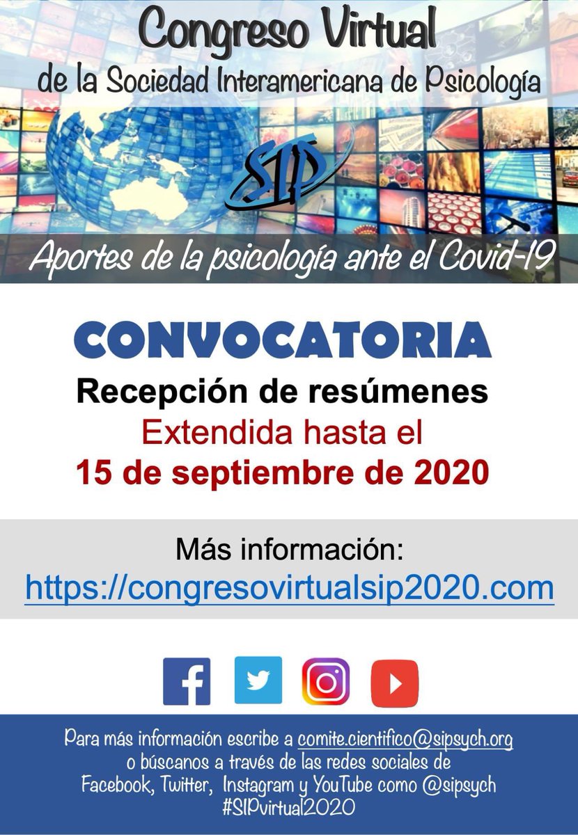 sipsych's tweet photo. ¡ATENCIÓN!
La fecha para el envío de resúmenes se ha extendido hasta el 15 de septiembre de 2020. Hemos tenido una excelente acogida y no queremos dejar pasar la oportunidad de continuar recibiendo trabajos. #sipvirtual2020 https://t.co/nnpJs1m6PB
