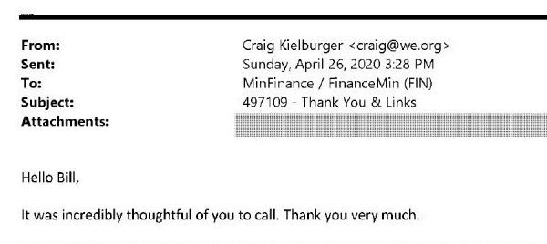  #WeCharity documents: “Hello Bill, incredibly thoughtful of you to call. Warmest, Craig.” Ex-Finance Min Bill Morneau testified he had little personal contact with Kielburgers. That wasn’t true. Records disclose string of friendly contacts.  https://www.blacklocks.ca/hello-bill-notes-contradict-finance-ministers-testimony/  #cdnpoli 1/...