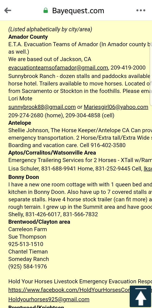 1/2  #LNULightningComplex #CZUAugustLightningComplex  #Horses  #AnimalsThis is  #BayArea  #Equestrian Network — there are *TONS* of help offers, listed by area.PLEASE SHARE!  http://www.bayequest.com/static/evacuation.htm #SolanoCounty  #DAT  #CaliforniaFires  #California  #SonomaCounty  #NapaCounty