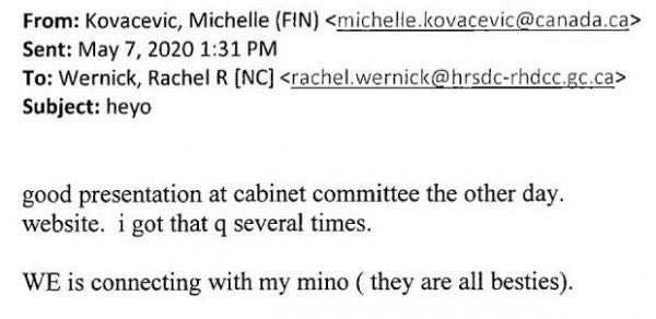 3/  @FinanceCanada ADM Michelle Kovacevic May 7 to  @wernick_rachel ADM  @ESDC_GC: “WE is connecting with my (minister’s office). They are all besties.”  #cdnpoli