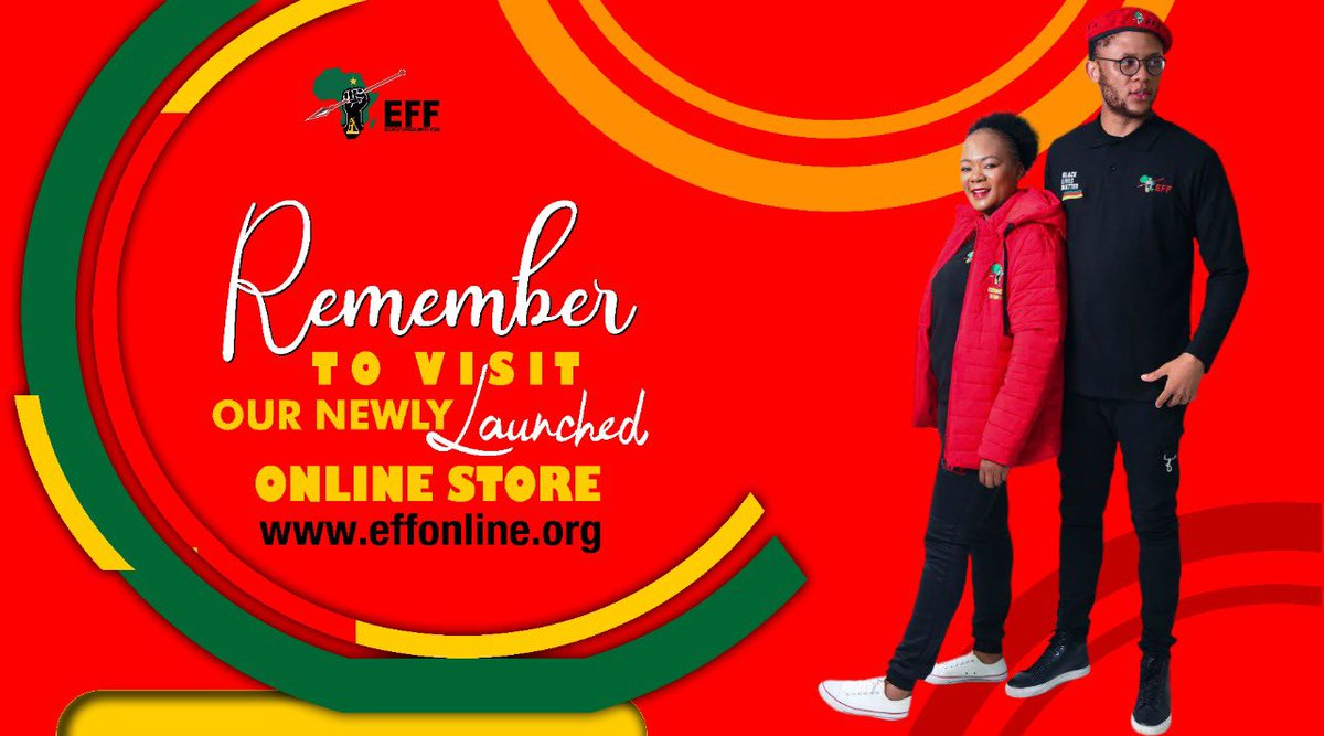 EFFSouthAfrica's tweet photo. Access our online store that allows you as an EFF member, supporter and follower to purchase EFF regalia hassle free and have your merchandise delivered right to your doorstep.
 
Make your purchases via: https://t.co/bvnC4ukMGb #EFFOnlineStore https://t.co/K8MzojZLht
