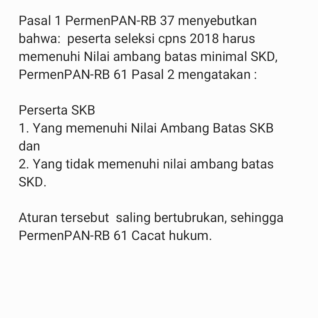 ajisubekti90's tweet photo. @kumparan Rame ya kalau yg korban Warga Luar. Nitip #saveP1TL , Korbannya ribuan warga Indonesia yang lulus murni SKD cpns 2018 terbuang, tp yg tdk lolos Kriteria Kompetensi Dasar malah yg jadi PNS, Permen bertubrukan jg melanggar UU no 5 th 2014. Semoga ada keadilan
#sobatbkn #asnkinibeda https://t.co/iseyxF2dbc