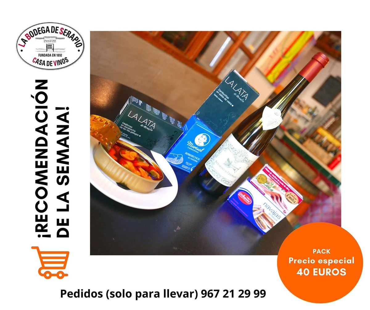 PACK 
▶ ️ 1 botellas albariño BODEGA DE FERFIÑANES 
▶ ️ 1 mejillones La Lata 
▶ ️ 1 anchoas Emilia 
▶ ️ 1 navajas de Arlequín 
▶ ️ 1 berberechosde Marisol conservas
▶ ️ 1 zamburiñas de La Lata 
🔸Pack Rías Baixas🔸
🛑 Precio 40 euros 
💻labodegadeserapio.com