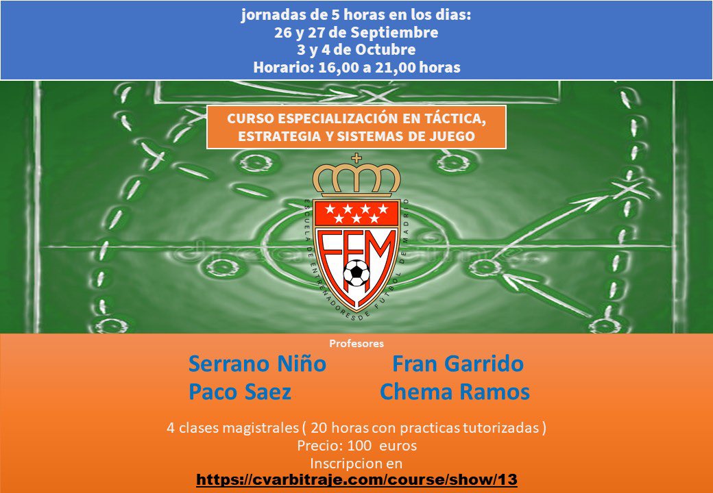 RFFM_oficial's tweet photo. 📚 CURSOS | Especialización en táctica, estrategia y sistemas de juego
💻 Profesores: @serranonino @frangarr26 @Pacosaez14 #ChemaRamos
📅 26-27 Septiembre y 3-4 Octubre de 2020
💵 100€
⌨️Inscripciones 👉 https://t.co/OdIwm77i3p https://t.co/e2U2AlIPYF