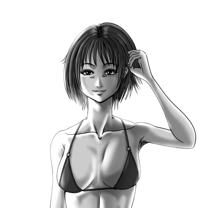 水着 #おっぱい #女性 #オリジナル #イラスト #ショートカット #水着 #夏 #逆光  