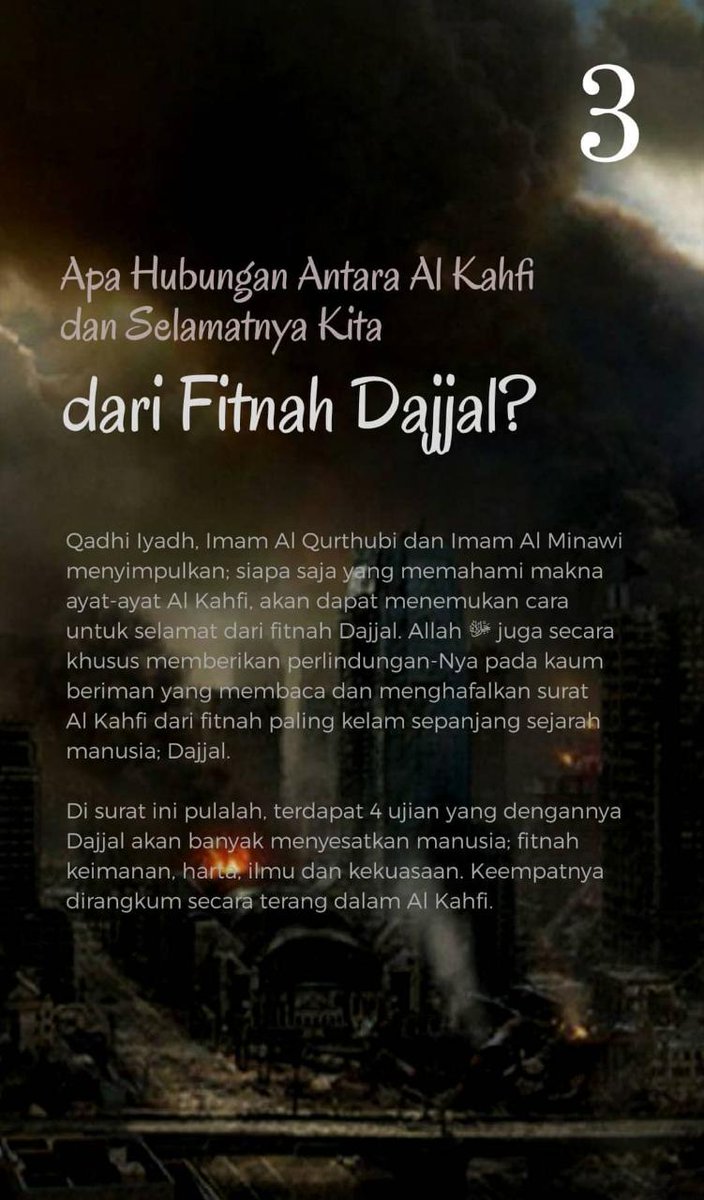 dnc__u's tweet photo. "Barang siapa menghafal sepuluh ayat pertama dari surat Al-Kahfi, maka ia akan terlindung dari (fitnah) Dajjal" (HR.Muslim) https://t.co/kWhVbkc7XR