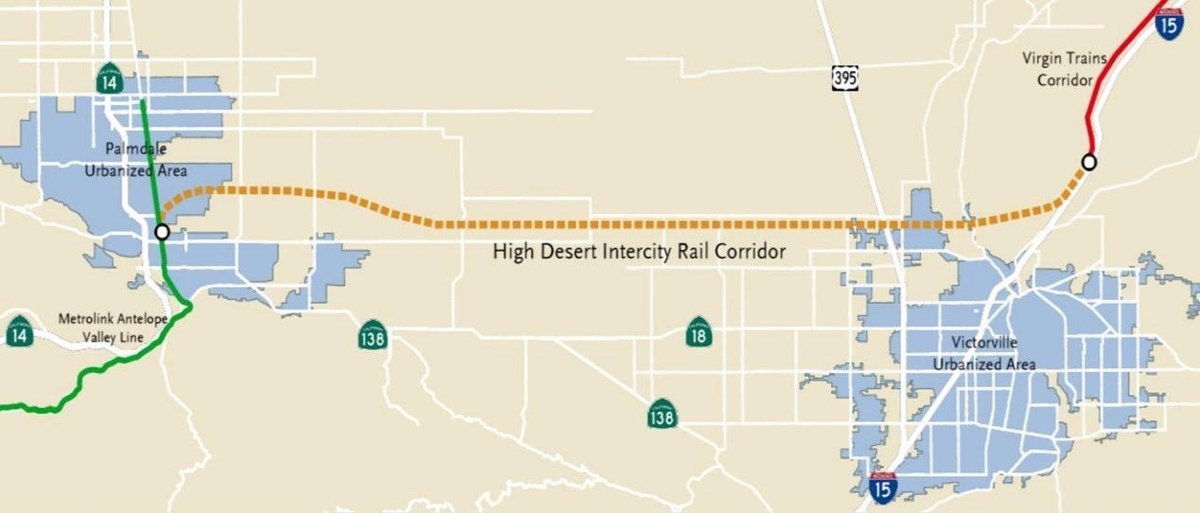 Thread: Getting  @GoBrightline from Victorville to LASmart to cultivate to paths to the LA Basin. Let's start with Palmdale/High Desert: before/if CAHSR gets to Palmdale, Brightline could run down  @Metrolink's Antelope Valley Line & still offer 3.5 hour LA-Vegas trips. Maths ->