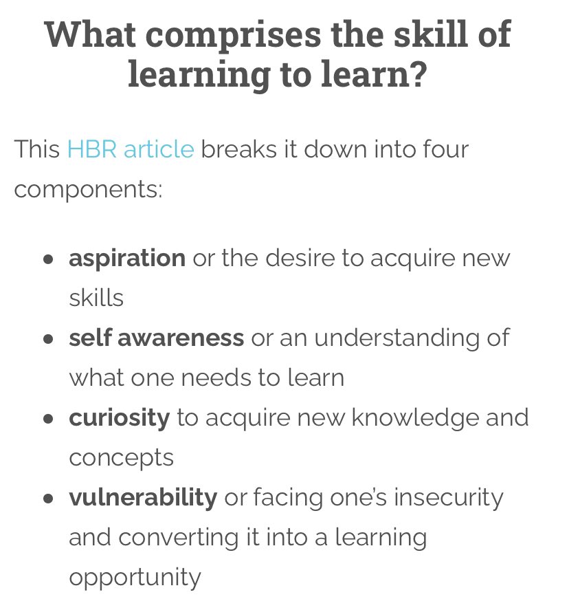 iSharad's tweet photo. What comprises the skill of learning to learn? 1) aspiration 2) self awareness 3) curiosity 4) vulnerability ... HBR article - https://t.co/ri9KJ9sklV #learning #vulnerability #learn2learn https://t.co/oVLlwhOavj