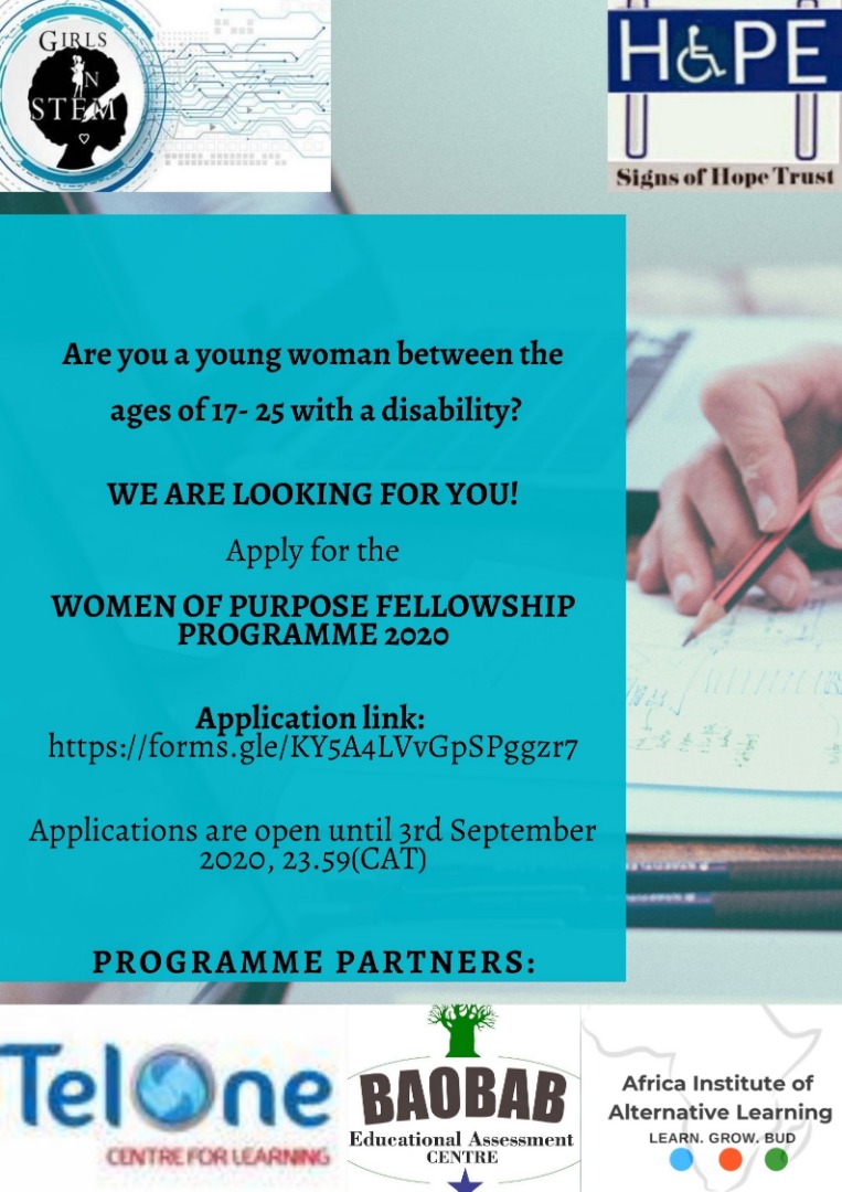 girlsinstemzw's tweet photo. Call for Applications📢📢
@girlsinstemzw and @signsofhopezim  are accepting applications for Cohort 1 of the #WomenOfPurpose Fellowship. Inviting young women with disabilities to apply. Visit: https://t.co/PgQ5yaHw7C

@TelOneCFL @baobabedu @compsocietyzim https://t.co/hoMWBl741r