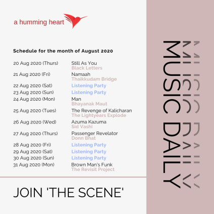 ahummingheart's tweet photo. MUSIC DAILY!

Join us as we explore the Indian independent music landscape, one album a day, along with some specially curated playlists and parties. Here's what the coming ten days look like 🗓️

To join ➛ https://t.co/INIiUpgps0 https://t.co/HWG0MUar02