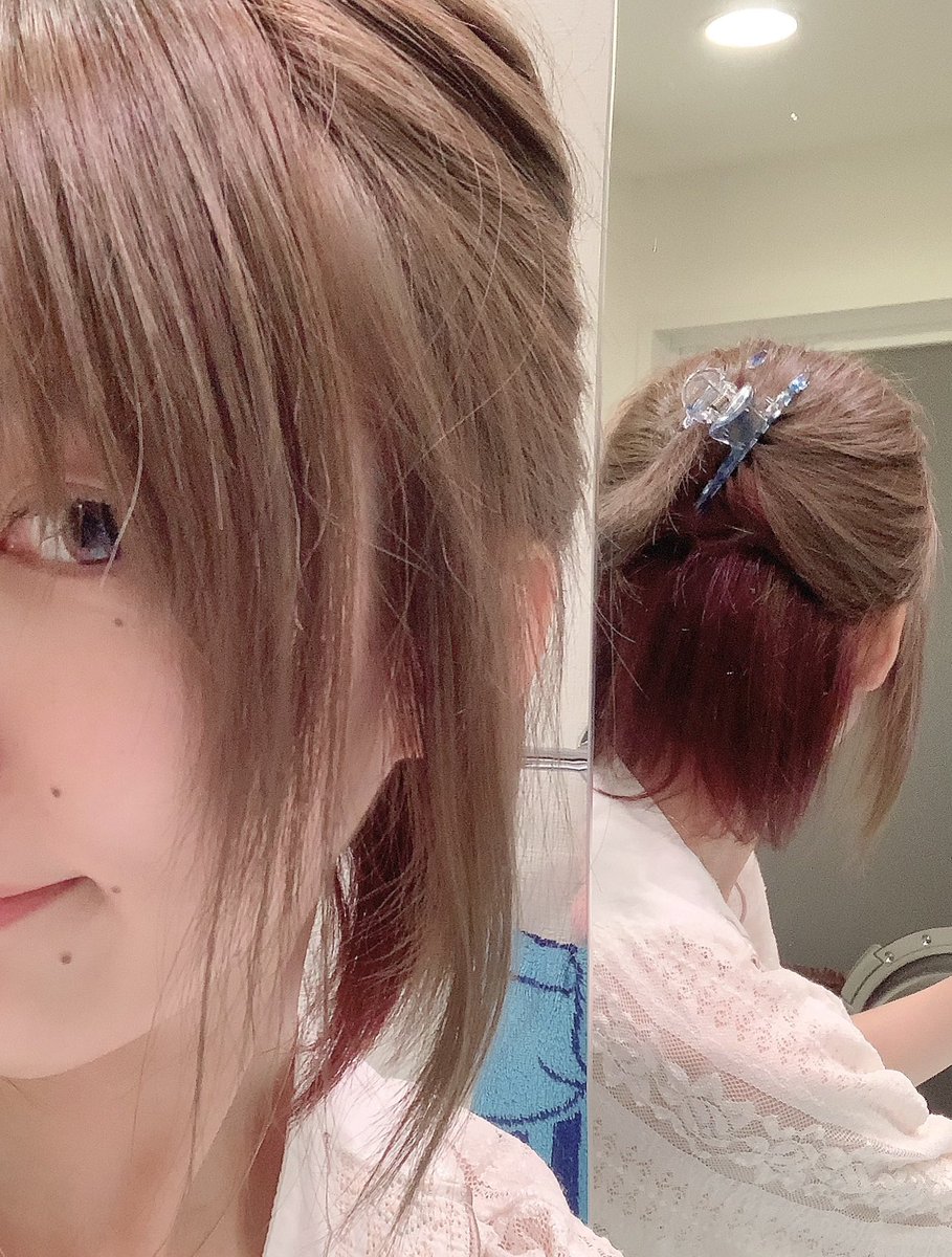 知花ちな 染めたぜよ パッと見明るめの茶髪だけど 中に赤を入れてもらったの どげんかな いい感じ ヘア カラー インナーカラー