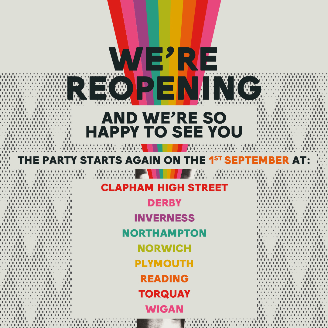 🎉 REOPENING ANNOUNCEMENT 🎉 

On Tues 1st Sept we are opening nine more bars: 

@RevolutionCHS, @RevsDerby, @revs_inverness, Rev Northamps, @RevsNorwich, @revolution_PL1, @RevReading, @revs_torquay, @RevsBarWigan 

Book your #RevsDate via the link 👉 bit.ly/2CDzCZO.