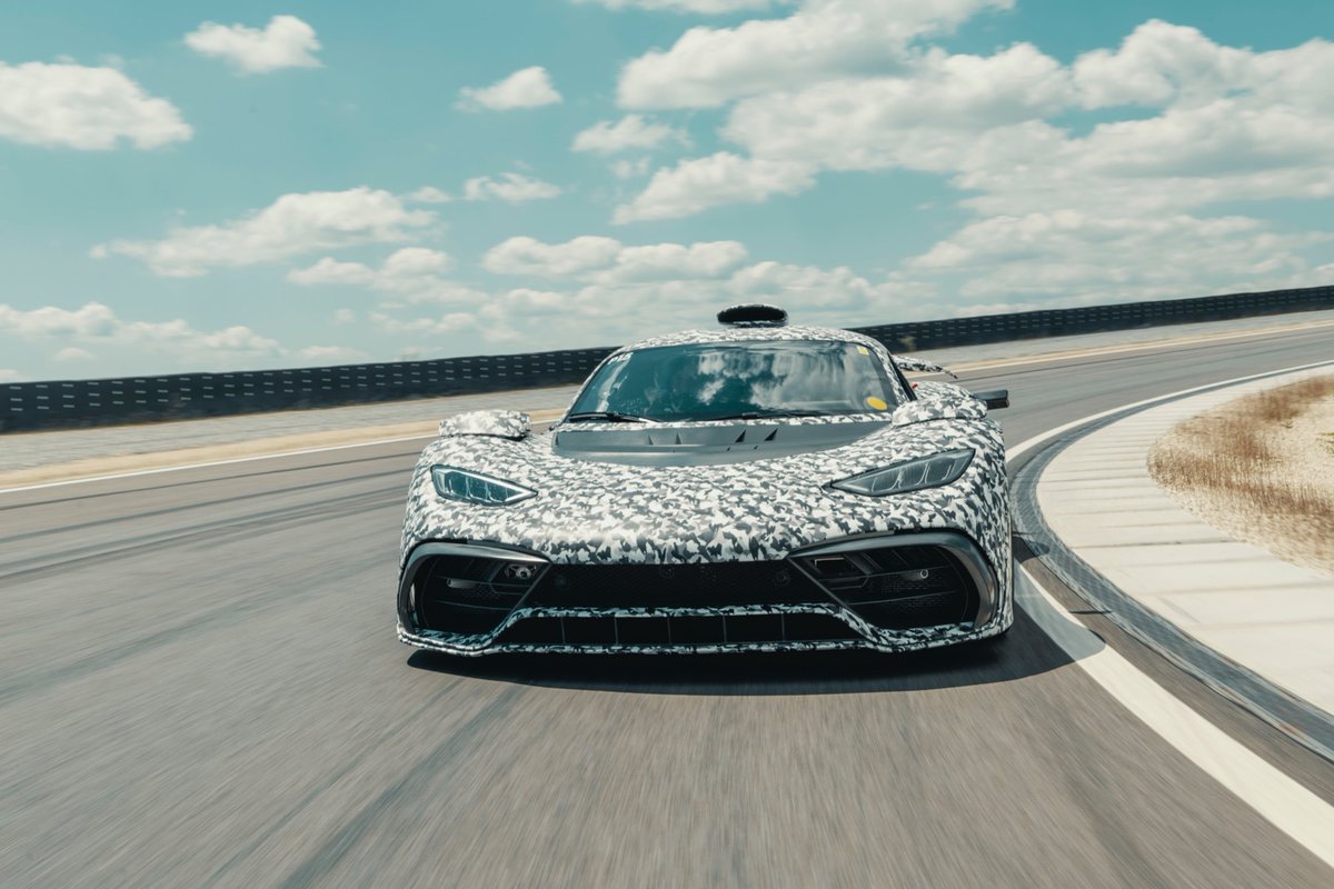 MercedesAMG's tweet photo. The Mercedes-AMG Project ONE development car is entering into the next development phase! With these test drives at the Daimler Test and Technology Center in Immendingen, our hypercar is coming one step closer to series production. Find out more here 👉 https://t.co/oe6dvOrIUD https://t.co/WfbF6Yzksw