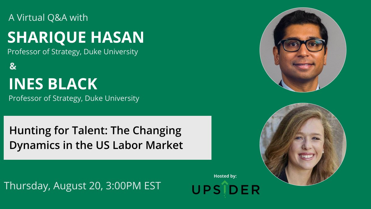 upsider's tweet photo. Tune in at 3:00 pm EST to learn about research-based recruiting strategies to benefit your business from Duke professors Sharique Hasan and Ines Black! Give your business a competitive edge, and register for the webinar here: https://t.co/Sov45wnABn. https://t.co/GPJJsMm3Ha