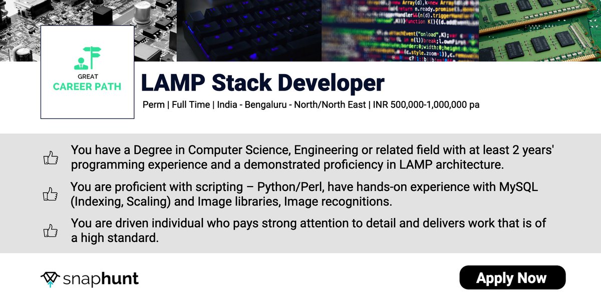 snaphuntjobs's tweet image. #JobAlert Excellent opportunity for a LAMP #StackDeveloper to join an exciting Fintech company in Bengaluru! Apply now: buff.ly/32nVQbF
#jobs #jobopening #job #hiring #hiringnow #wearehiring #LAMP #stack #bengalurujob #bengaluru #jobinbengaluru #indiajob #indiajobs