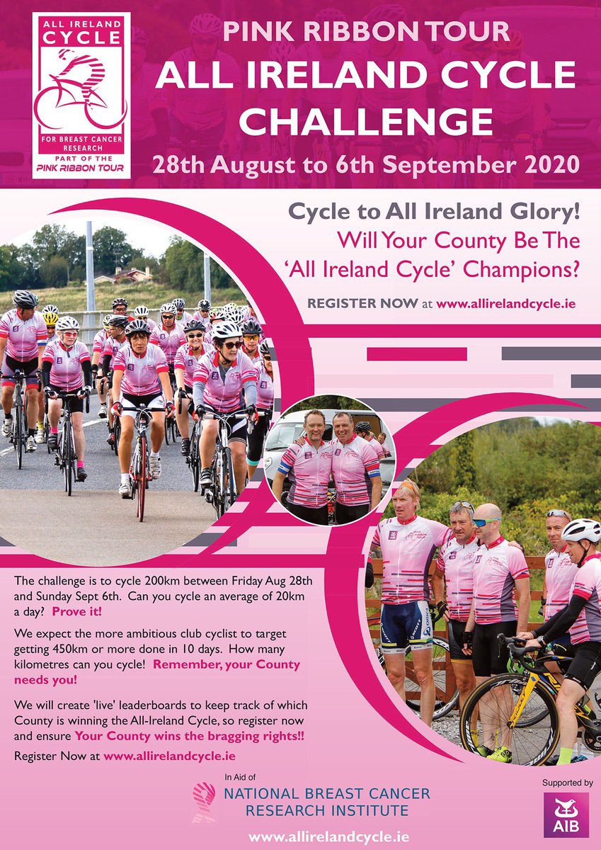 We are Delighted to Announce - The 'All Ireland Cycle' Will Your County Be The ‘All Ireland Cycle’ Champions? Get on yer bike for <a href="/BCResearchIre/">National Breast Cancer Research Institute</a> 
Visit: allirelandcycle.ie #allirelandcycle, #onyerbike #breastcancer #cycling