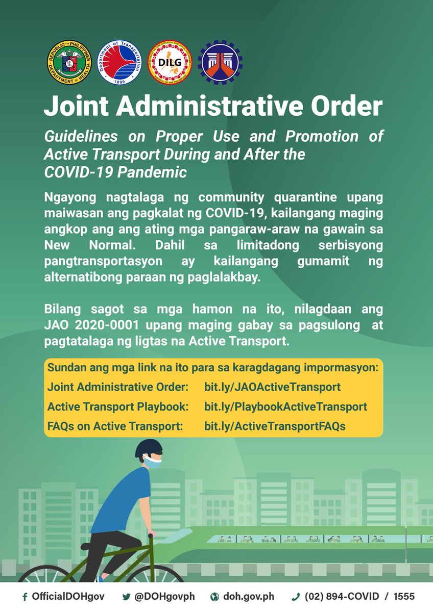2. Joint Administrative Order (DOH, DOTr, DILG, DPWH) on promotion of Active Transport! Access it here:  http://bit.ly/JAOActiveTransport