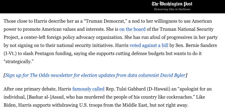 Kamala Harris -- from a policy perspective -- is as conventional a politician as it gets. Wall St, arms manufacturers, neocons & AIPAC are expressly swooning over Biden's choice.Yet CNN & NYT depict her candidacy as subversive & radical. The propagandistic potency is stunning.