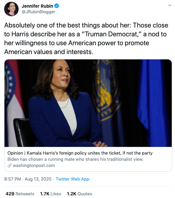 Kamala Harris -- from a policy perspective -- is as conventional a politician as it gets. Wall St, arms manufacturers, neocons & AIPAC are expressly swooning over Biden's choice.Yet CNN & NYT depict her candidacy as subversive & radical. The propagandistic potency is stunning.