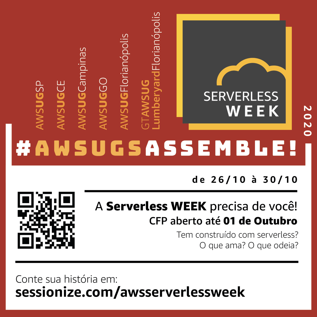 awsusergroupsp's tweet image. Uma semana inteira sobre #Serverless totalmente organizada por grupos de usuários AWS no Brasil para a comunidade AWS no Brasil e no mundo. 

Chamada para palestrantes até 01 de Outubro: 
sessionize.com/awsserverlessw… 

Vamos fazer uma grande Serverless WEEK juntos!

#serverlessweek