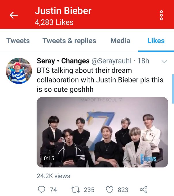 16. Justin Bieber liking a tweet that Jhope mentioned his dream collaboration is with Justin.