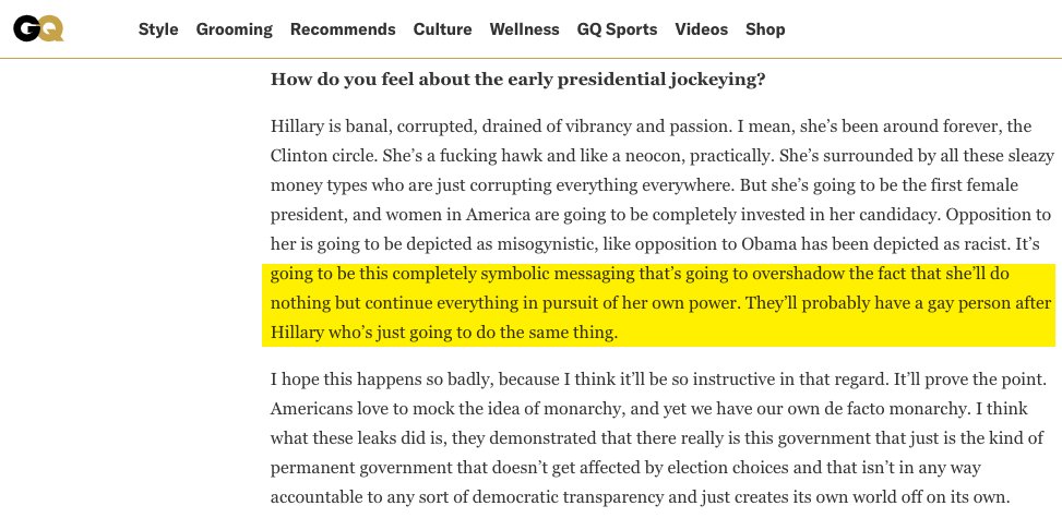 This brilliant tactic ensures that opposition to corporatism & imperialism is demonized as bigoted (!). In 2014, I was profiled by GQ & asked about a likely Hillary/Jeb! race in 2016. This is how I described the evolving Dem/corporatist strategy to ensure eternal neoliberalism: