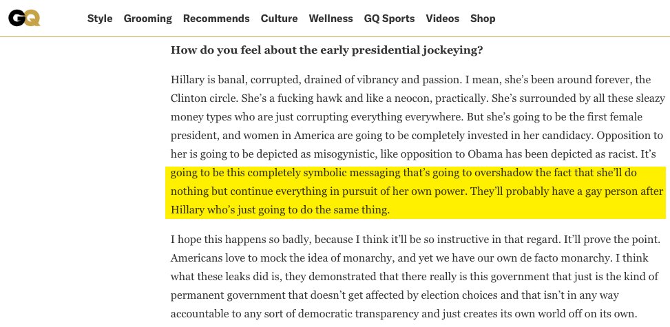 This brilliant tactic ensures that opposition to corporatism & imperialism is demonized as bigoted (!). In 2014, I was profiled by GQ & asked about a likely Hillary/Jeb! race in 2016. This is how I described the evolving Dem/corporatist strategy to ensure eternal neoliberalism:
