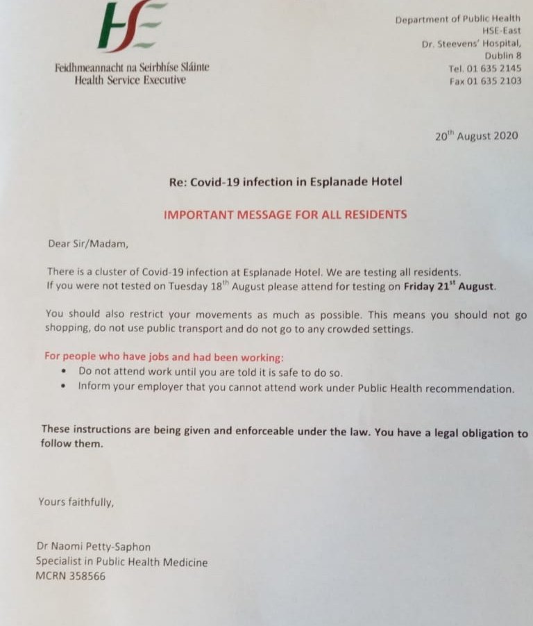 MASI - Movement of Asylum Seekers in Ireland (@masi_asylum) on Twitter photo Yet another cluster of #COVID19 in Direct Provision, the <a href="/HSELive/">HSE Ireland</a> confirms. This time, it's the Esplanade Hotel in Bray. #EndDirectProvision Yet another cluster of #COVID19 in Direct Provision, the <a href="/HSELive/">HSE Ireland</a> confirms. This time, it's the Esplanade Hotel in Bray. #EndDirectProvision