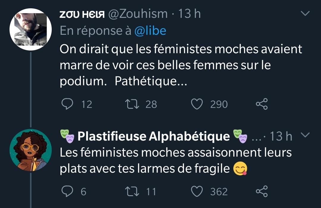 Qui sont ces féministes à l'origine de cette évolution ? Pê des militantes qui connaissent le ressenti des femmes sur ce sujet ? Non ! Ce sont des laiderons égoïstes : si elles étaient belles, elles aussi voudraient sûrement monter sur un podium pour flatter l'égo masculin 