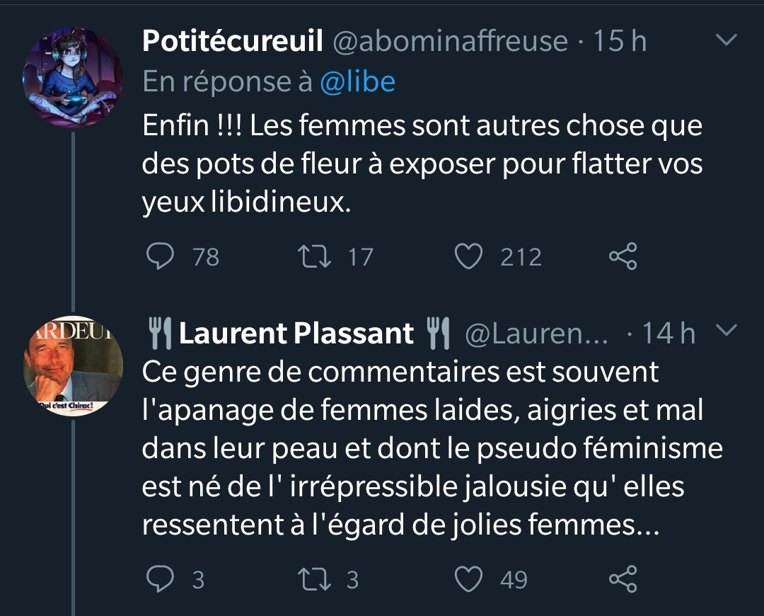 Qui sont ces féministes à l'origine de cette évolution ? Pê des militantes qui connaissent le ressenti des femmes sur ce sujet ? Non ! Ce sont des laiderons égoïstes : si elles étaient belles, elles aussi voudraient sûrement monter sur un podium pour flatter l'égo masculin 