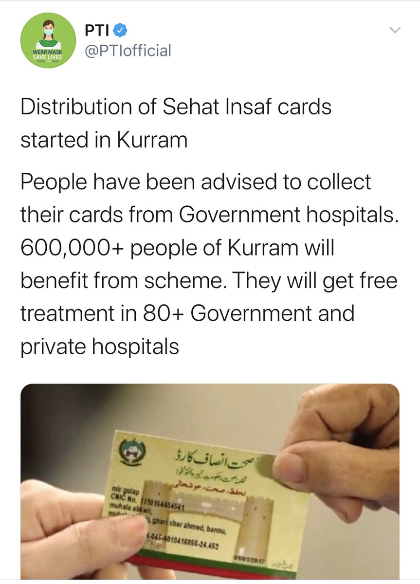 Kp Govt extended Sehat Insaf Card Scheme to KP’s newly-merged tribal districts. No Political Gimmickary yet delivered to the point of being accused of CopyCatting Pmln’s conceived Project (a project that never did really surface other than Media Campaigns by Pmln).