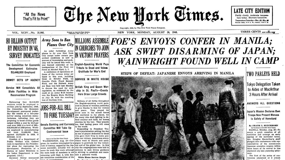 Aug. 20, 1945: Foe's Envoys Confer in Manila; Ask Swift Disarming of Japan; Wainwright Found Well in Camp  https://nyti.ms/3aIWTGU 