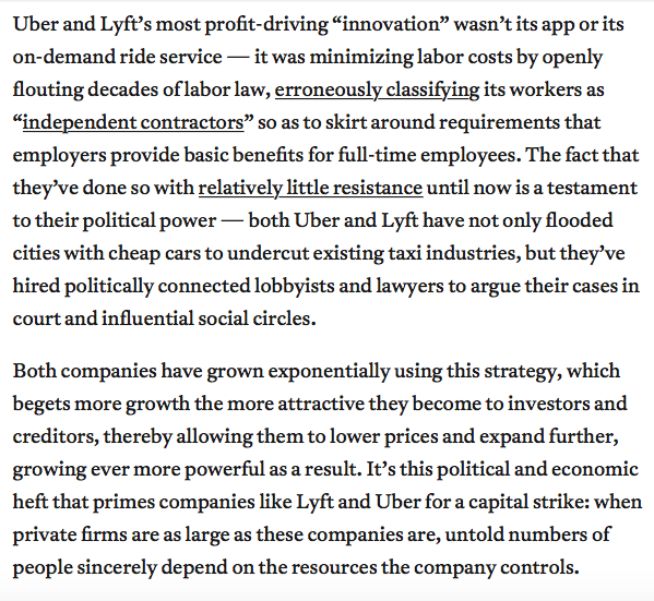 Uber and Lyft's threat to pull out of California is a "capital strike" - the opposite of a labor strike. It's one illustration of why concentrated private wealth is undemocratic. I wrote about it for  @jacobinmag  https://www.jacobinmag.com/2020/08/uber-lyft-capital-strike-california-reclassify