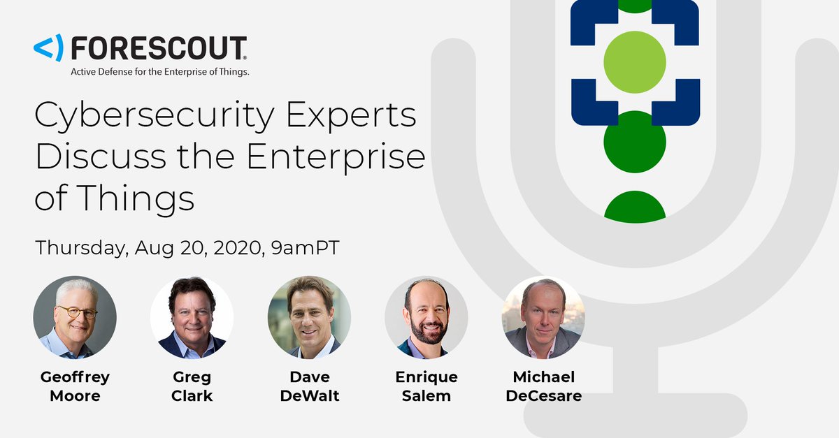 MarkRAnderson49's tweet photo. Join @Forescout and this seasoned panel of cyber leaders to discuss trends, risk and the need for active defense across the enterprise of things next Thurs, Aug 20. Register today and mark your calendar. You don't want to miss it! #EoT #EoTsecurity https://t.co/Z2lHdgmvCc https://t.co/ryUigXUPmN