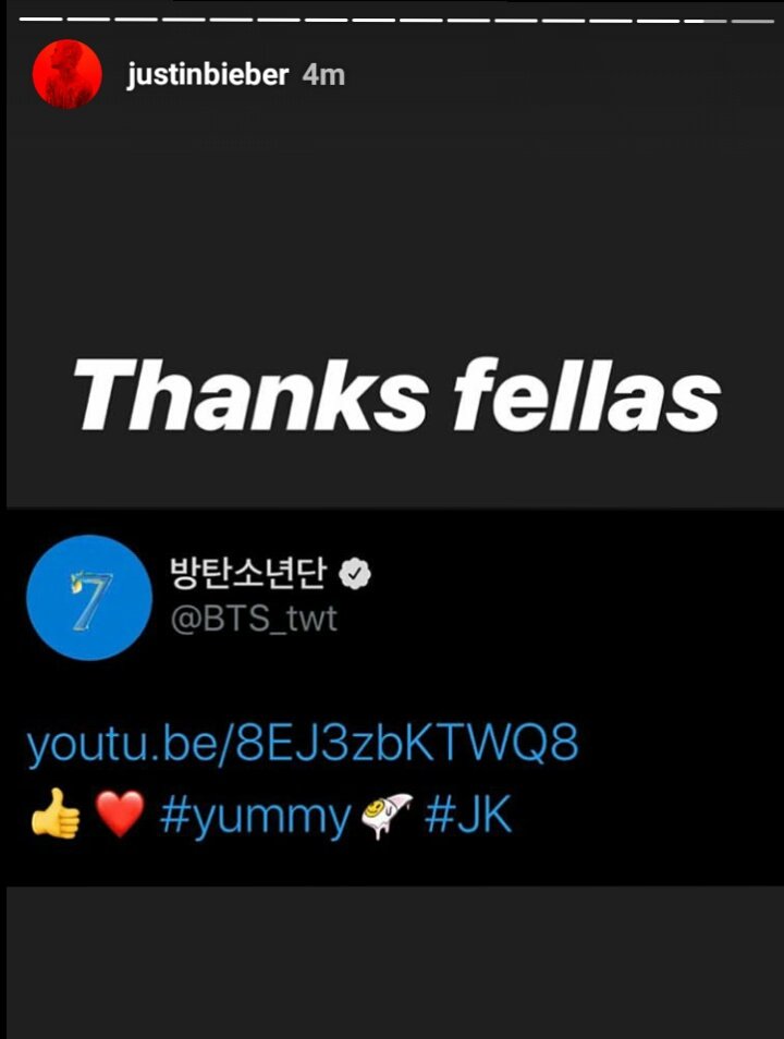 21. Justin Bieber shared Jungkook's 'Yummy' comment on Instagram.