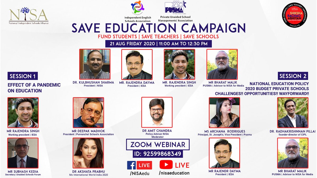 NISAedu's tweet photo. Fb live with educationist &amp; schools leaders "Effects Of A Pandemic On Education"
https://t.co/PE737wWiB7
Mark this event interested on facebook so that you get notification when it will  start.
@KBSfed @SchoolAmbala @ShikshaOfficial @deepakmadhok https://t.co/2eDMXpamON