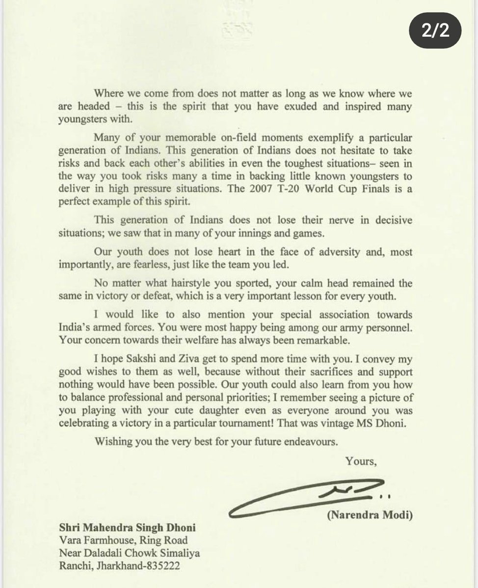pujatiwariBJP's tweet image. A letter from one Great and loved Stalwart to another👌👇

Respected Shri @narendramodi
Ji writes to #DhoniThePrideOfIndia

&quot;Where we come from does not matter as long as we know where we are headed.
This is the spirit that you have exuded and inspired many youngsters with&quot; 

👌