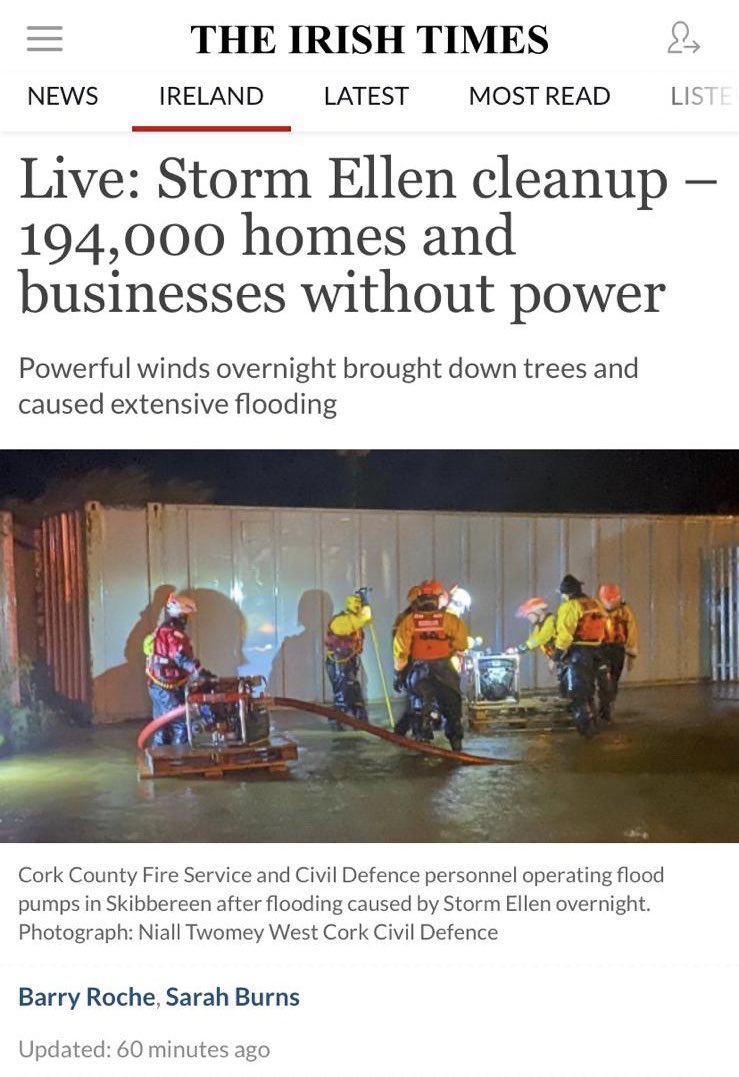 CivilDefenceIRL's tweet photo. #StormEllen cleanup in Skibbereen @CorkWestCD. News report from @IrishTimes #StormEllen #civildefence #volunteers.            https://t.co/mvZhpnFsmT https://t.co/oXB7MxYnKJ