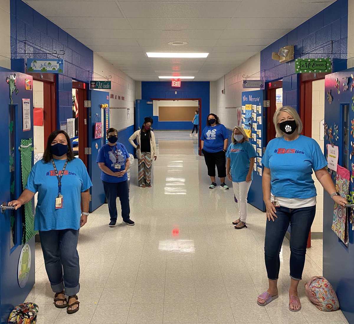 Kindergarten teachers Rocking the first week of school.....6 feet apart but still a TEAM!! #missingourMo #BEStlife