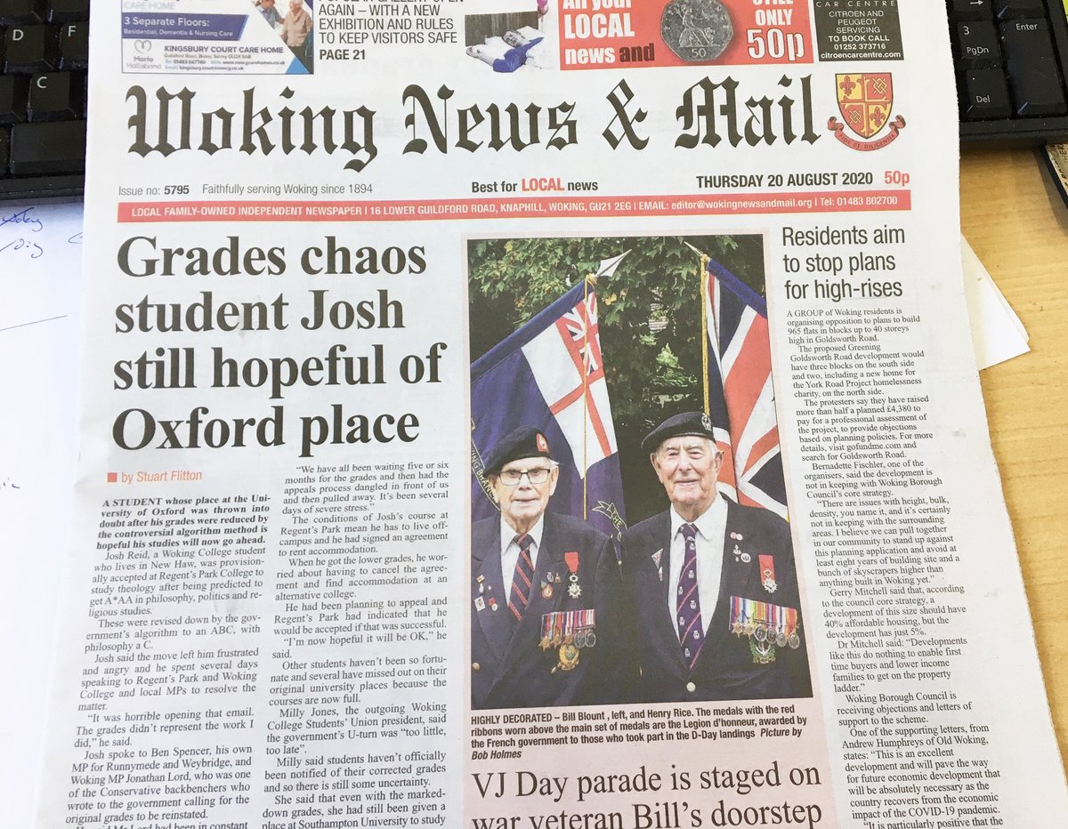 Woking_NewsMail's tweet photo. Read all about it: #Woking residents oppose plans for tower development in Goldsworth Road; #Alevels round-up and picture spread; #VJDay75 parade for Bill; plus much more. Now in the shops and your best value local news #Only50p #community #buyapaper https://t.co/6dhiRxlZvs