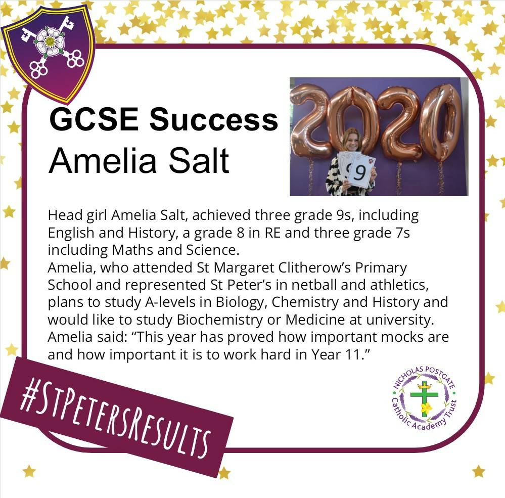 StPetersCC's tweet photo. A gigantic well done to Head Girl Amelia, former @StMargaretCL student, for a fantastic set of results. We can't wait to hear about your future studies and career successes! 

#StPetersPotential #gcseresults2020 #excellentachievement https://t.co/J077SI14oC