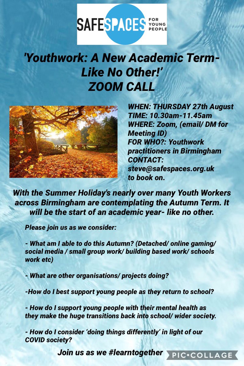 safespacesyp's tweet photo. Join us for this Zoom Call for Youth Workers in Birmingham as we #learntogether and try to navigate the term ahead of us in these COVID times. #youthwork #safespaces #youngpeople #COVIDtimes https://t.co/FEjPHMVaKm