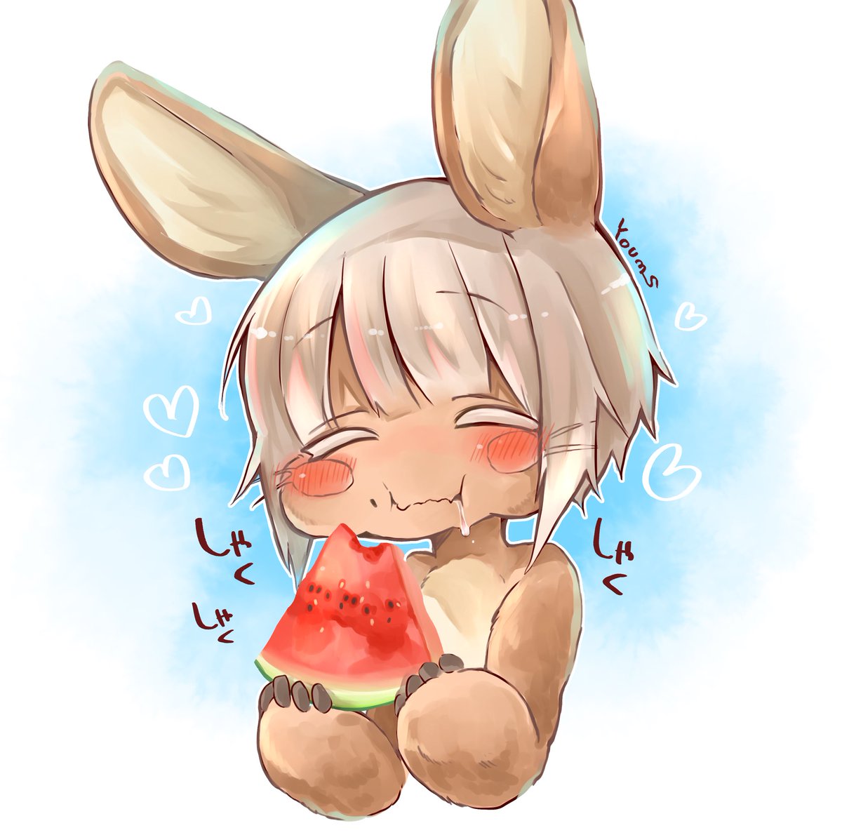 nanachi (made in abyss) watermelon food fruit eating animal ears furry solo  illustration images