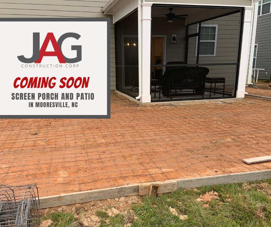 JAGConstCorp's tweet photo. Coming Soon! 🚧 Stay tuned to see the final reveal when JAG finishes this screen porch &amp; patio combo in Mooresville. #patios #outdoorliving #JAGConstructionCorp #CLT #LKN #Mooresville https://t.co/PUpZgK6Dcz