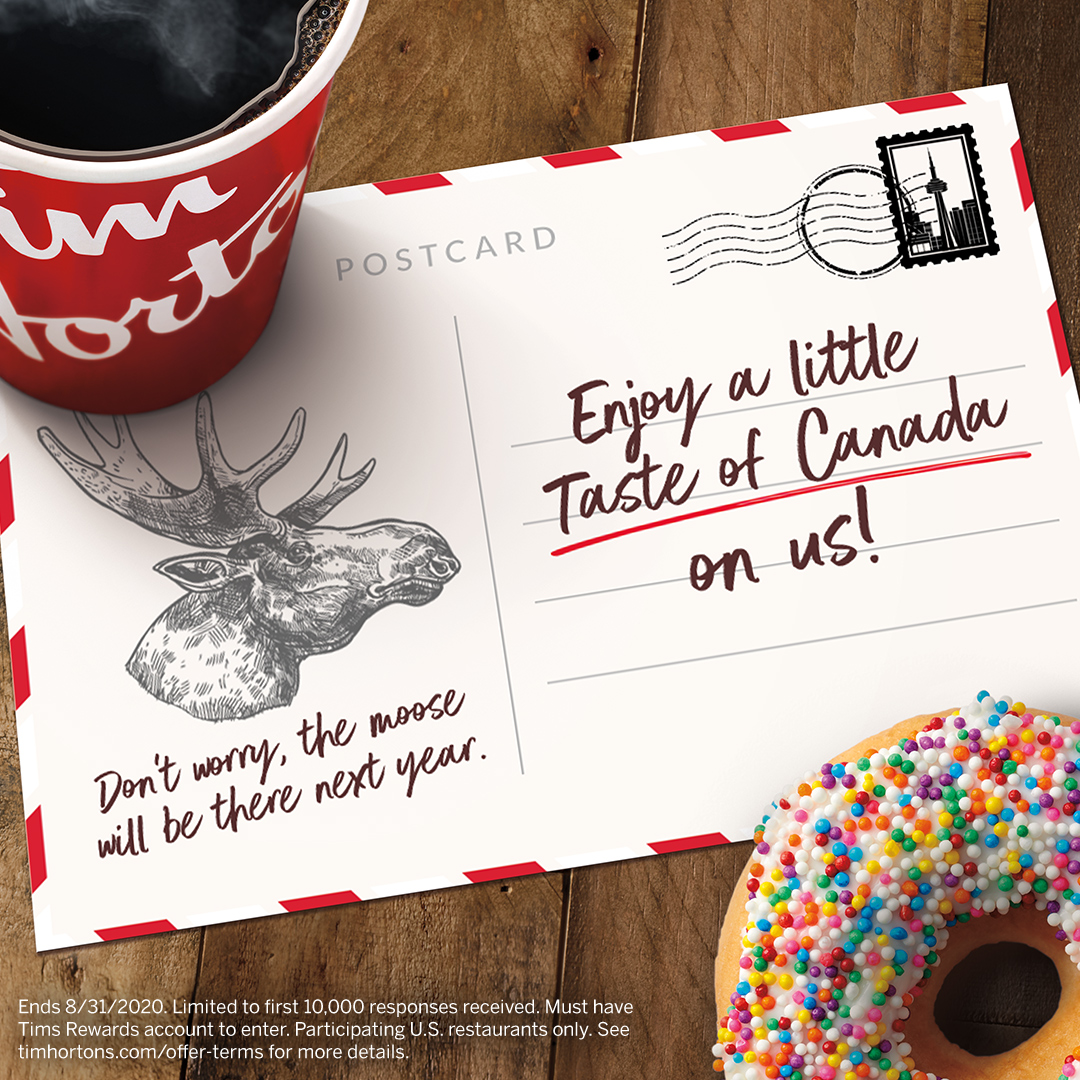 TimHortonsUS's tweet photo. For the Canadian trip you didn’t get to take this summer, we’d like to make it up to you. Email TimsUS@timhortons.com with your trip cancellation story using the email address registered to your Tims Rewards account, then check the Tim Hortons app for your FREE ☕+🍩 reward! https://t.co/3JaNmS3COp