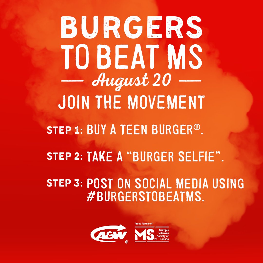 MSCanOfficial's tweet photo. It’s everyone’s favourite cheat day - Take Out #BurgersToBeatMS Day is finally here! Today, $2 from every @AWCanada Teen Burger® ordered will help improve the quality of life for Canadians living with MS. RT to spread the word 🍔. https://t.co/r6GUwNAghK