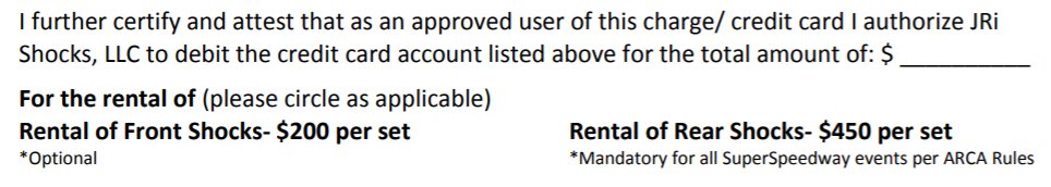 $650 to rent shocks for a race.