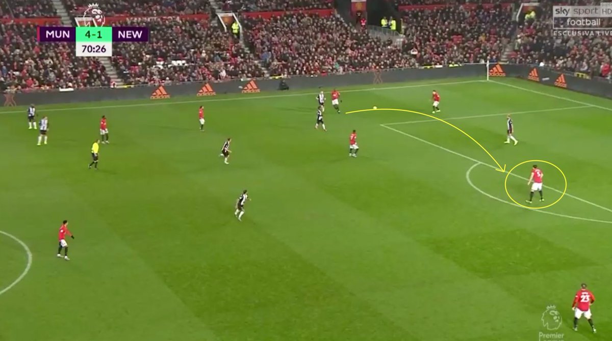 No central defender completed more progressive runs (105) than him this season. In the image below we can see Maguire preparing to receive an infield pass from Paul Pogba, with two Newcastle attackers closing him down.